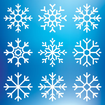 Nine white vector snowflakes set on blue mesh background, winter icons silhouette, element for your holiday design projects