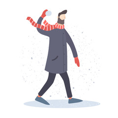 Young man playing in the snowballs outdoors.  Man in an overcoat and scarf. Vector illustration on light background.