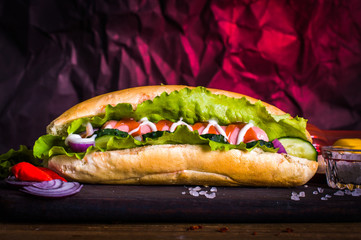 Hot dog with vegetables on a dark background