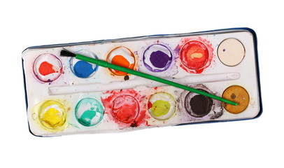 Fototapeta premium old used watercolor box and brush painting isolated on white