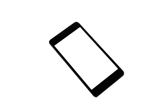 Black modern smart phone with blank screen. Isolated on white background 