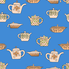 abstract vector doodle tea pot seamless pattern