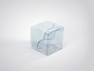 3D illustration of DNA double helix in ice cube.