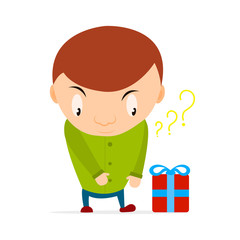 Small boy wants to take a gift box with a bow and thinking what gift inside. Cartoon kid character