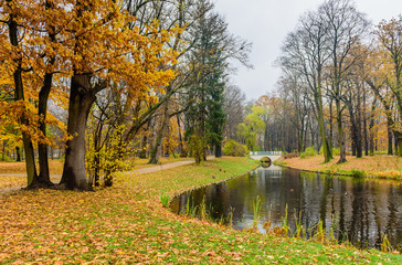 Beautiful autumn Lazienki Krolewskie Park, Warsaw, Poland.