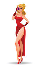 Super agent. Secret agent. Elegant woman spy in the evening red