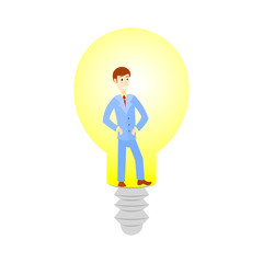 Business man cartoon character have an idea for startup and in lamp. Selling startup ideas.