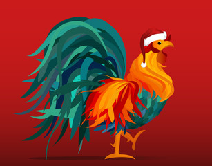 Rooster in a cap of Santa Claus. Vector. Colorful rainbow. Symbol 2017. Isolated Cockerel on a pink background