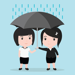 Business woman with umbrella protects another woman