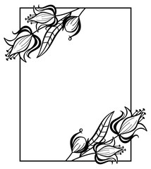 Black and white frame with outline decorative flowers. Copy space.