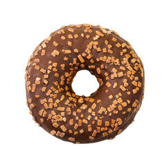 Donut with chocolate icing and sprinkles. Top view.
