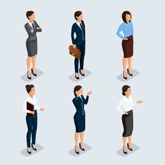Fototapeta premium Isometric elegant beautiful business woman in business clothing set 3 Basic wardrobe, feminine code corporate dress on a gray background, isolated. Vector illustration