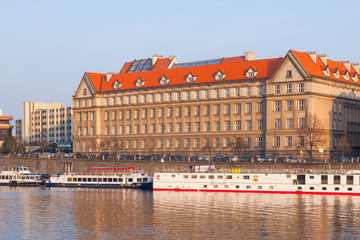 Hitorical building of Faculty of Law on Dvorak's Embankment at Vltava River. Part of Charles University in Prague, Czech Republic, Europe.