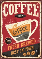 Fotobehang Coffee shop retro tin sign design with coffee cup on red background © lukeruk