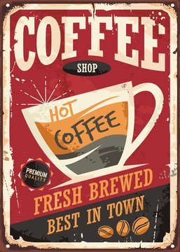 Fototapeta Coffee shop retro tin sign design with coffee cup on red background