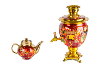 Traditional Russian samovar and a teapot on white background