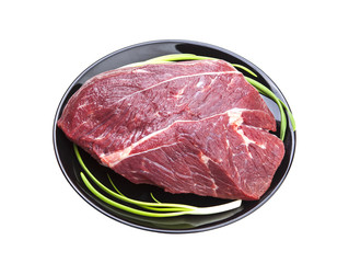 Fresh piece of raw beef isolated on white background.