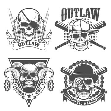 Set of gangster emblems. Skull with two crossed knives on grunge background. Design element for t-short print. Vector illustration