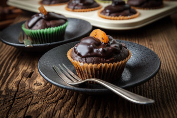 Freshly baked chocolate muffins.