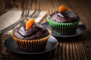 Freshly baked chocolate muffins.