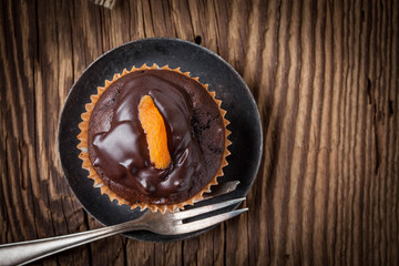 Freshly baked chocolate muffins.