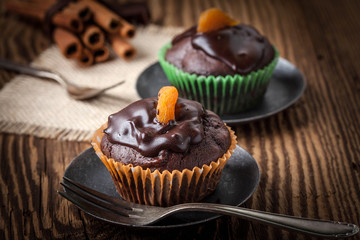 Freshly baked chocolate muffins.
