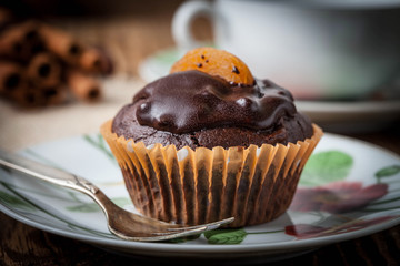 Freshly baked chocolate muffins.