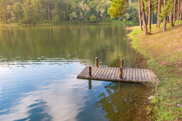 Wooden pier bridge with nature lake