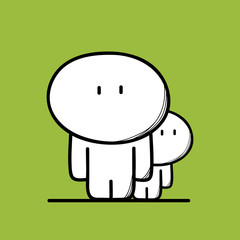 Cute man and a shy kid on the green background. Family, scared child, safe and protection - cartoon vector illustration.