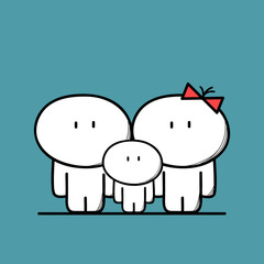 Cute father, mother and a child on the blue background. Full happy family, parents with kid - cartoon vector illustration.