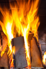 Obraz premium Burning firewood in the fireplace close up