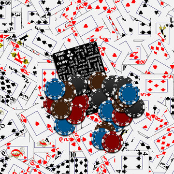 Poker and Casino. Background of scattered deck of cards and chips. Board design for gaming applications. Chips for poker in different colors.