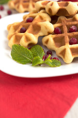 Dessert waffles with cranberries and chocolate syrup