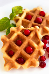 Dessert waffles with cranberries and chocolate syrup