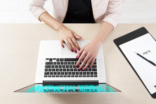 Top view of hand typing on laptop keyboard, Cyber Monday Shopping