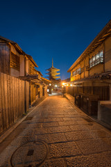 A buddhist pagoda in Sannenzaka street during the blue hour twilight time