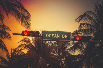 Ocean Drive sign with palm trees in Miami Beach