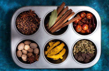 Spices, seasonings and spicy in the metallic form. top view