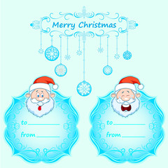 Santa Claus Gift cards. Christmas with vintage frame and Christmas wishes in English winter. Holidays sticker set 