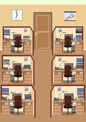 Office interior including six isolated work spaces with furniture.