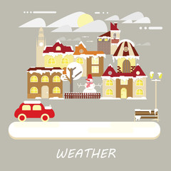 Winter cloudy weather colorful landscape banner. Snowy Small town at Christmas landscape in flat style. Vector illustration