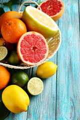 Citrus fruits on a blue wooden table