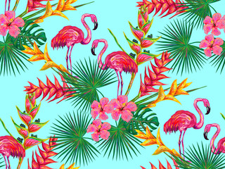 Obraz premium Summer jungle pattern with with flamingo, palm leaves and flowers vector background. Floral background. Perfect for wallpapers, pattern fills, web page backgrounds, surface textures, textile