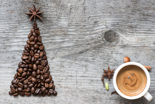Christmas tree greeting card made of coffee