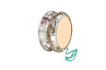 Translucent plastic yoyo. Isolated. Horizontal.