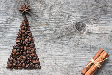 Christmas tree greeting card made of coffee