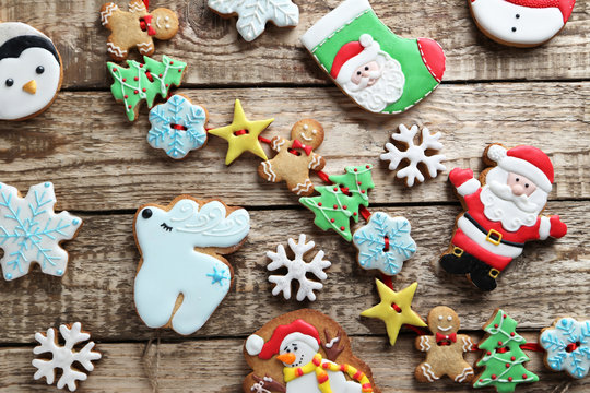 Christmas cookies on a grey wooden table
