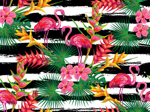 Summer jungle pattern with with flamingo, palm leaves and flowers vector background. Floral background. Perfect for wallpapers, pattern fills, web page backgrounds, surface textures, textile
