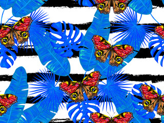 Summer jungle pattern with tropical butterflies and palm leaves vector background. Perfect for wallpapers, pattern fills, web page backgrounds, surface textures, textile