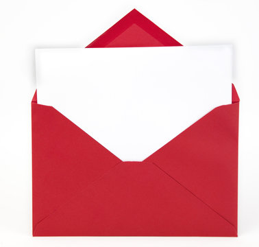 Red Envelope With Open Flap And White Note Card Inserted. Copy Space.